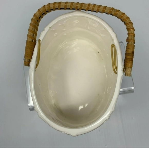 Planter Ceramic Basket Bamboo Design Wicker Handle Vintage Japan White Catchall - Picture 6 of 9